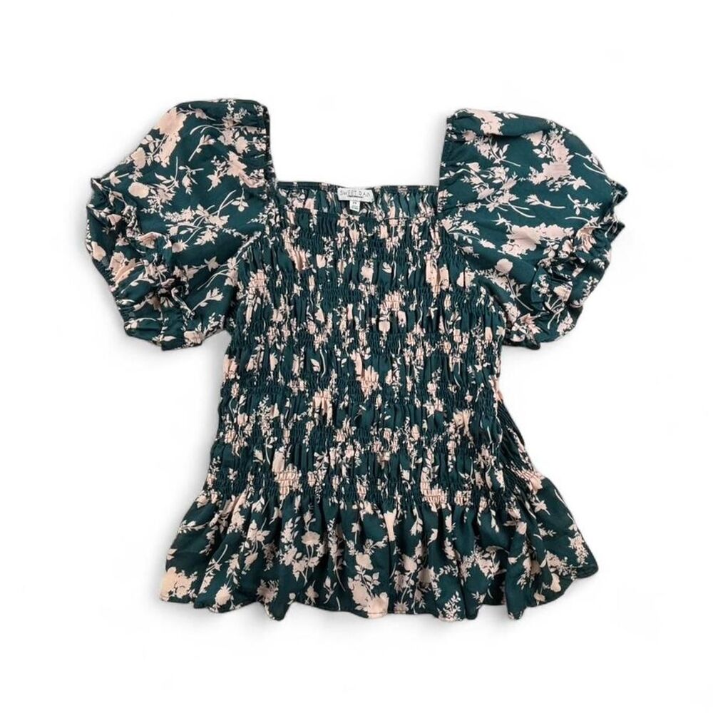 Sweet Rain Floral Smocked Blouse Womens 2X Puff Sleeve Boho Cottagecore Peplum